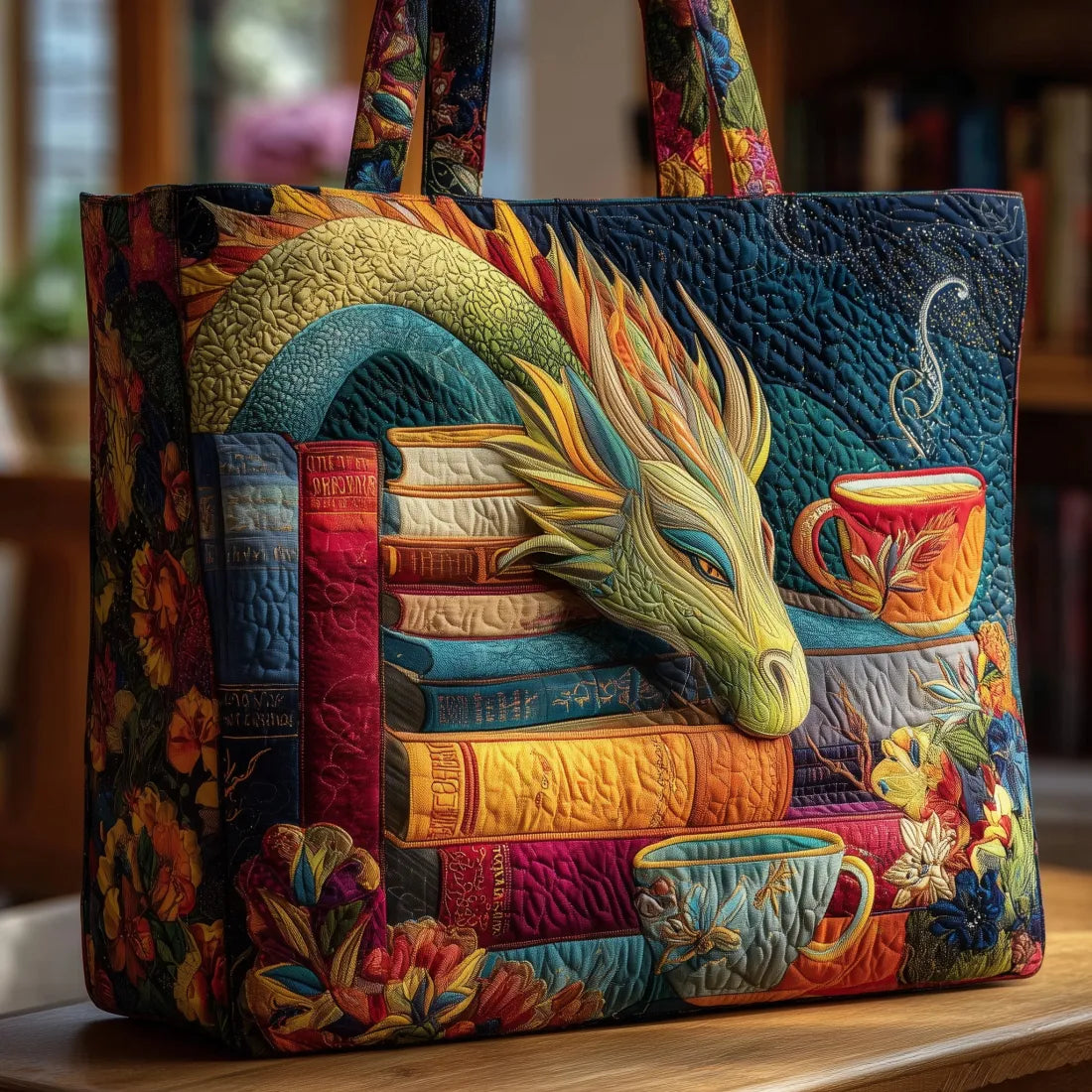 RUČNĚ VYROBENÁ TAŠKA - DRAGON A STARÉ KNIHY