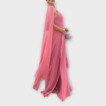 Mabel - Elegantní maxi šaty s pláštěm a vysokým rozparkem